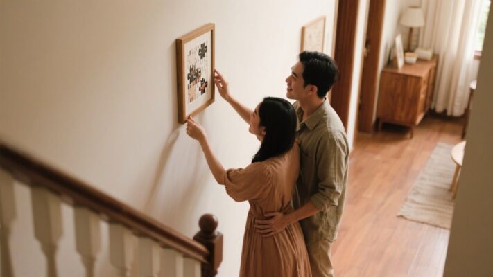 a man and woman looking at a puzzle piece on a wall