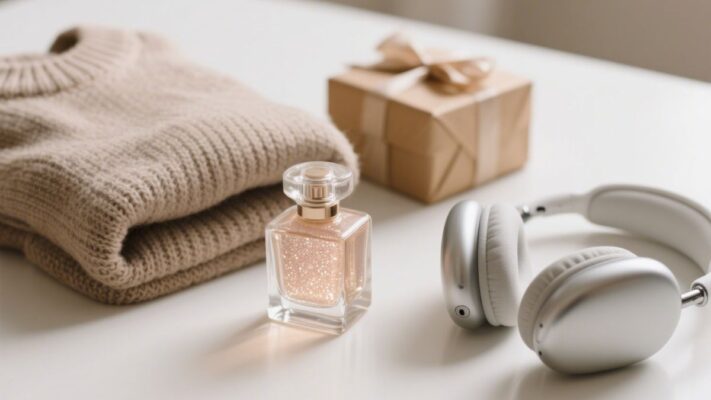 a bottle of perfume next to a gift box and headphones