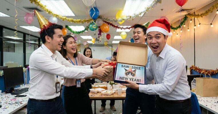 กลุ่มพนักงานออฟฟิศกำลังตื่นเต้นกับ ไอเดียของขวัญจับฉลากปีใหม่ 2026 ในกล่องของขวัญจิ๊กซอว์สุดเซอร์ไพรส์