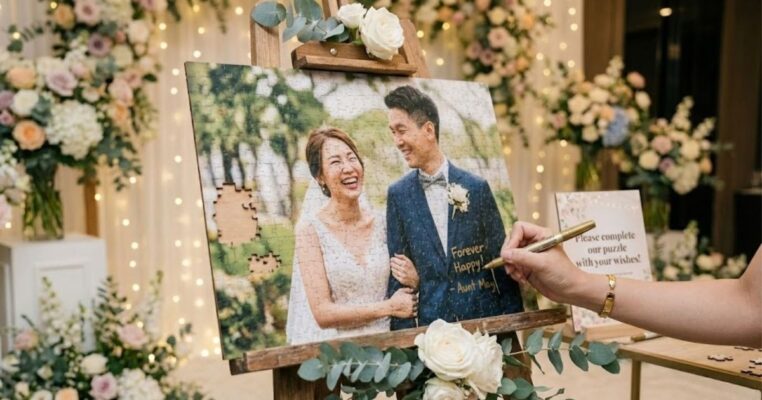 ไอเดียของแต่งหน้างานแต่ง จิ๊กซอว์สมุดอวยพรงานแต่งงาน (Guestbook) เขียนข้อความได้ วางบนขาตั้งรูปในโรงแรม