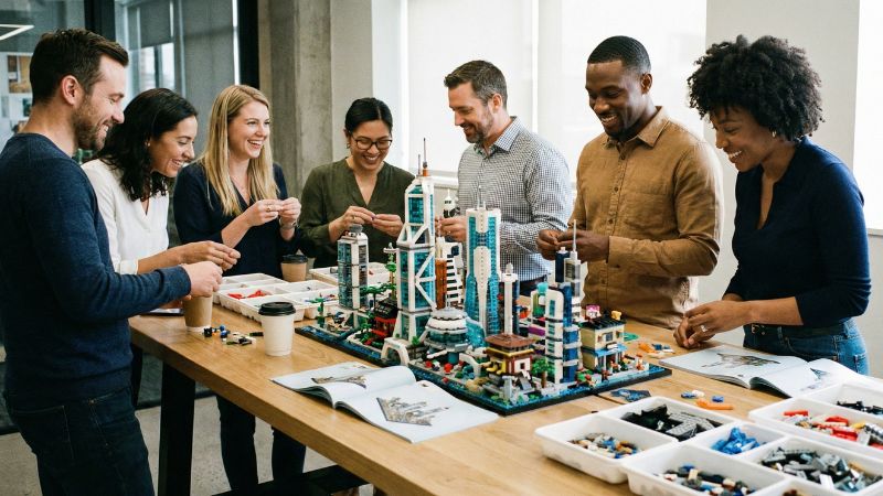 ภาพทีมงานกำลังช่วยกันต่อเลโก้เพื่อสร้างโมเดลในการแข่งขัน Lego Building Competition