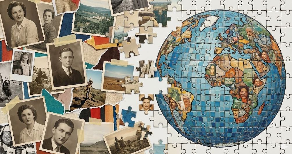 ภาพคอลลาจแสดงการเปลี่ยนจากรูปภาพเป็นการต่อจิ๊กซอว์โมเสค