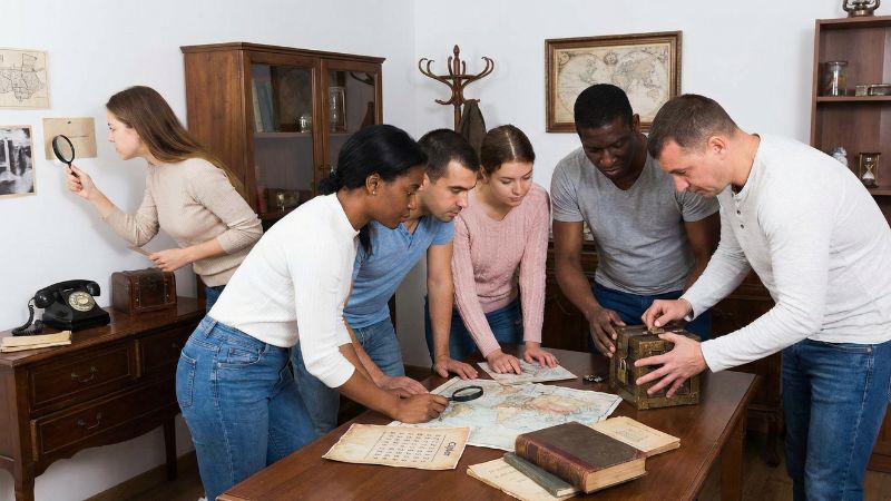 ภาพทีมงานกำลังช่วยกันไขปริศนาในเกม Escape Room เพื่อพัฒนาทักษะการทำงานเป็นทีม