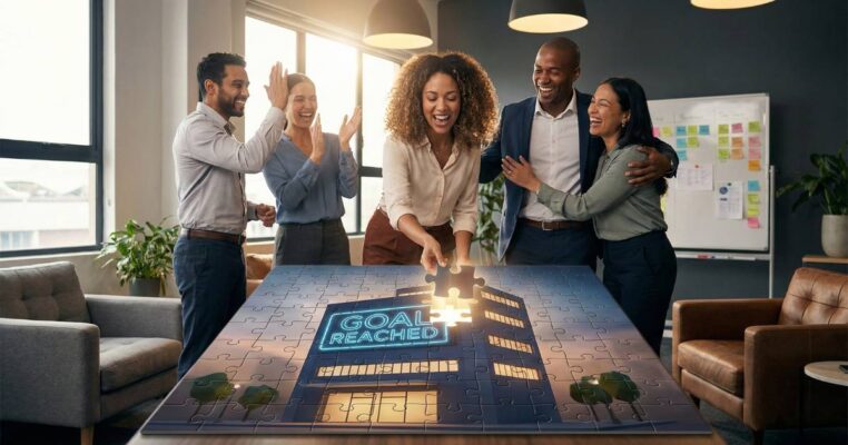 ภาพกิจกรรมเกมสัมมนาที่ผู้เข้าร่วมกำลังช่วยกันต่อจิ๊กซอว์เพื่อสร้างทีมเวิร์ก