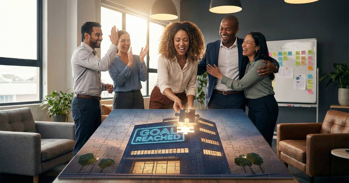 ภาพกิจกรรมเกมสัมมนาที่ผู้เข้าร่วมกำลังช่วยกันต่อจิ๊กซอว์เพื่อสร้างทีมเวิร์ก